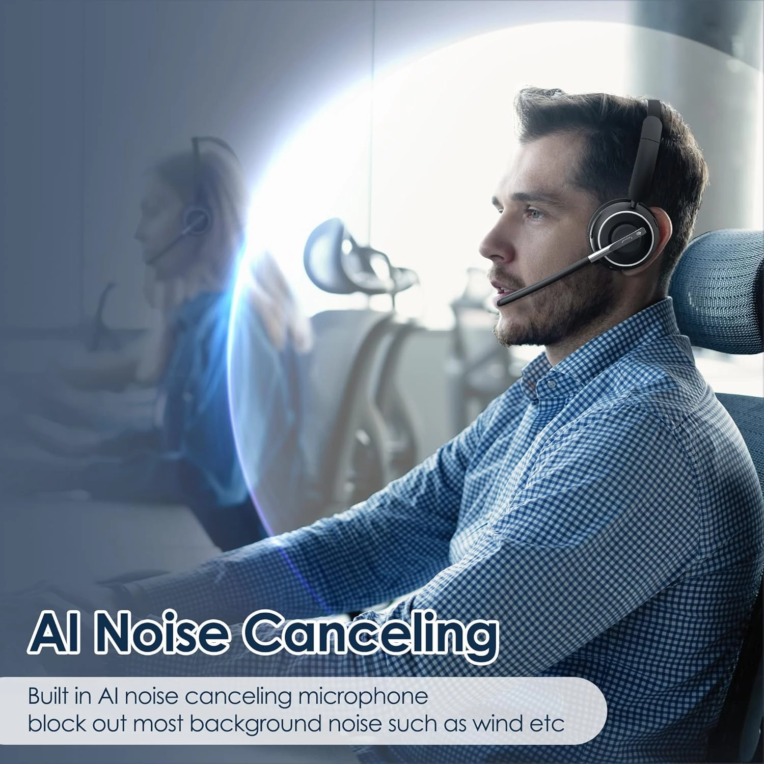 Wireless Headset, Bluetooth Headset with AI Noise Cancelling Mic, Bluetooth V5.2 Headphones with USB Dongle, Charging Base & Mic Mute for PC/Cell Phones/Call Center (Binaural, Black)