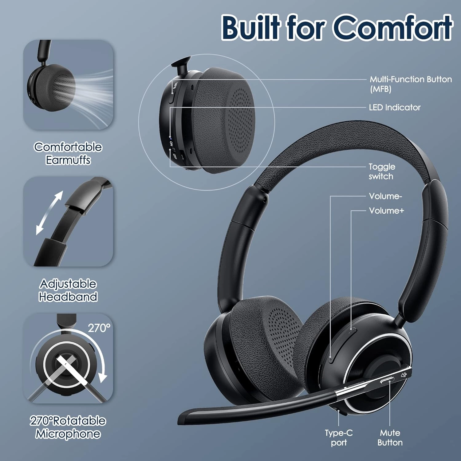 Wireless Headset, Bluetooth Headset with AI Noise Cancelling Mic, Bluetooth V5.2 Headphones with USB Dongle, Charging Base & Mic Mute for PC/Cell Phones/Call Center (Binaural, Black)