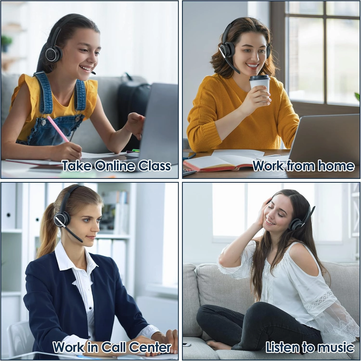 Wireless Headset, Bluetooth Headset with AI Noise Cancelling Mic, Bluetooth V5.2 Headphones with USB Dongle, Charging Base & Mic Mute for PC/Cell Phones/Call Center (Binaural, Black)
