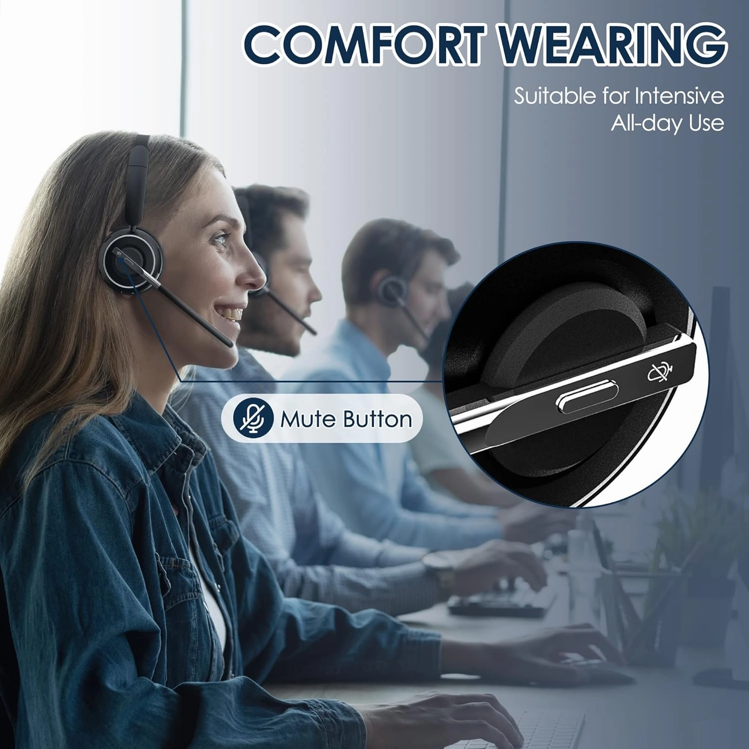 Wireless Headset, Bluetooth Headset with AI Noise Cancelling Mic, Bluetooth V5.2 Headphones with USB Dongle, Charging Base & Mic Mute for PC/Cell Phones/Call Center (Binaural, Black)