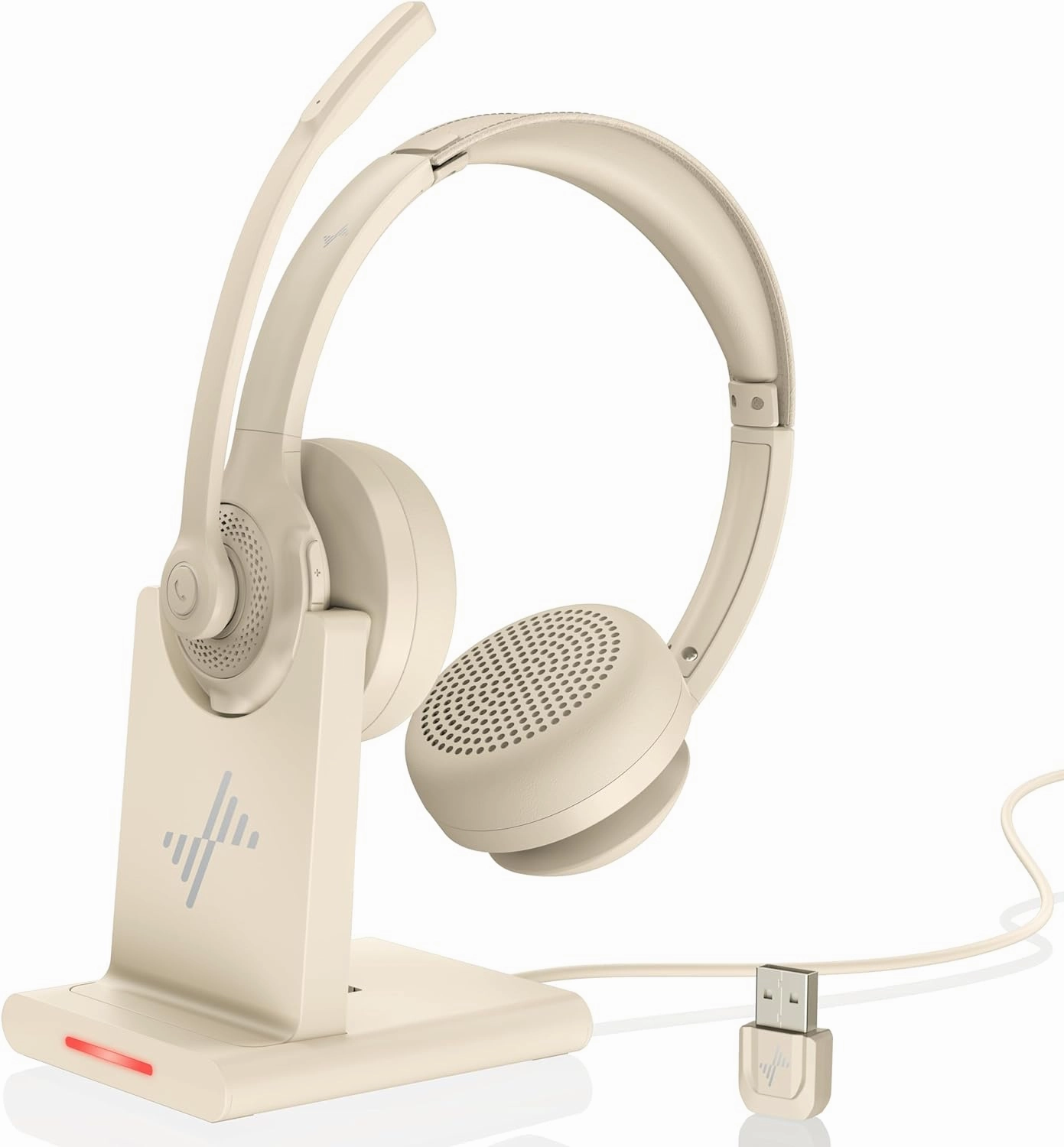 Wireless Headset with AI Noise Cancelling Microphone Bluetooth Headset - Bluetooth V5.2 Headphones with USB Dongle, Charging Base & Mic Mute for Computer/Laptop/PC/iPhone/Android/Cell Phones-Apricot noise cancelling headphones,ANC headphones,travel hea
