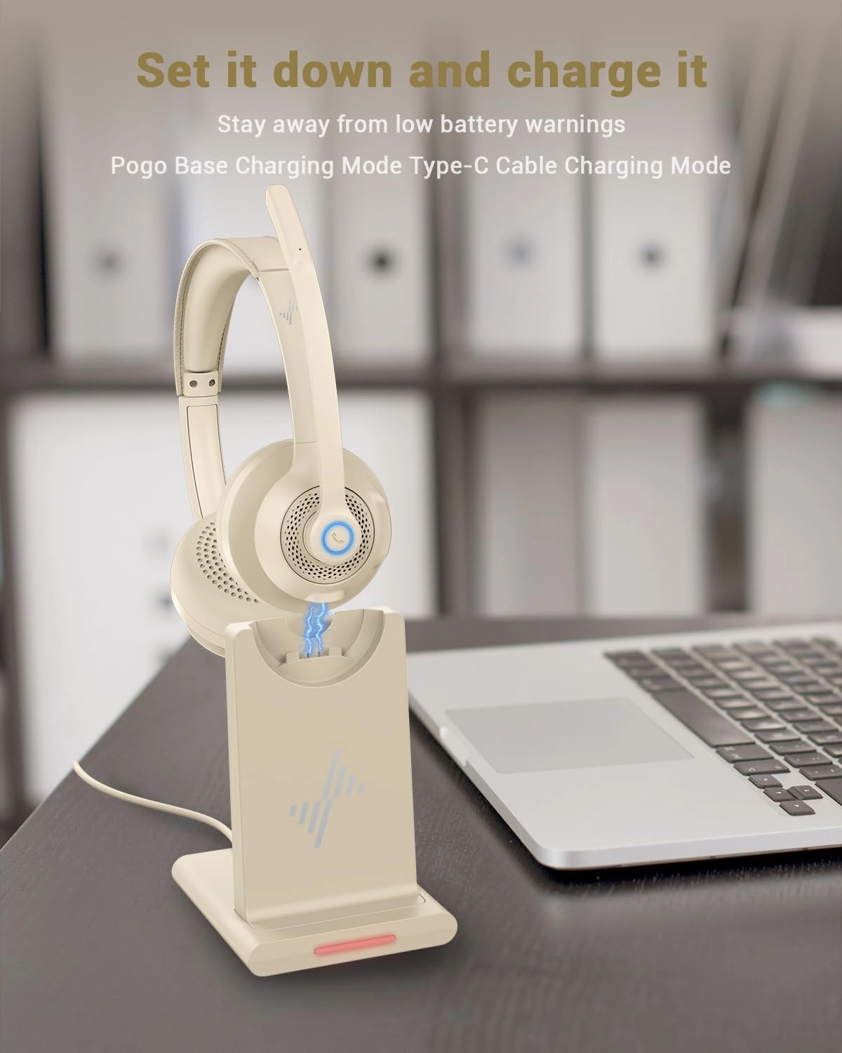 Wireless Headset with AI Noise Cancelling Microphone Bluetooth Headset - Bluetooth V5.2 Headphones with USB Dongle, Charging Base & Mic Mute for Computer/Laptop/PC/iPhone/Android/Cell Phones-Apricot