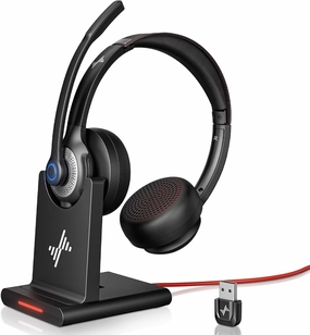Wireless Headset with AI Noise Cancelling Microphone Bluetooth Headset - Bluetooth V5.2 Headphones with USB Dongle, Charging Base & Mic Mute for Computer/Laptop/PC/iPhone/Android/Cell Phones noise cancelling headphones,ANC headphones,travel headphones,