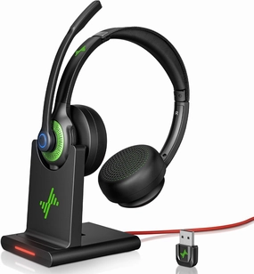 Wireless Headset with AI Noise Cancelling Microphone Bluetooth Headset - Bluetooth V5.2 Headphones with USB Dongle, Charging Base & Mic Mute for Computer/Laptop/PC/iPhone/Android/Cell Phones-Green noise cancelling headphones,ANC headphones,travel headp