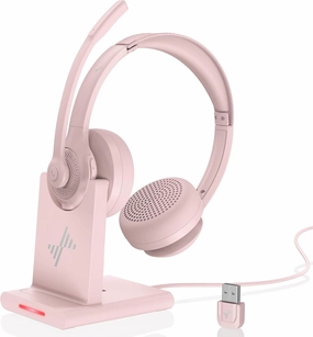 Wireless Headset with AI Noise Cancelling Microphone Bluetooth Headset - Bluetooth V5.2 Headphones with USB Dongle, Charging Base & Mic Mute for Computer/Laptop/PC/iPhone/Android/Cell Phones (Pink) noise cancelling headphones,ANC headphones,travel head