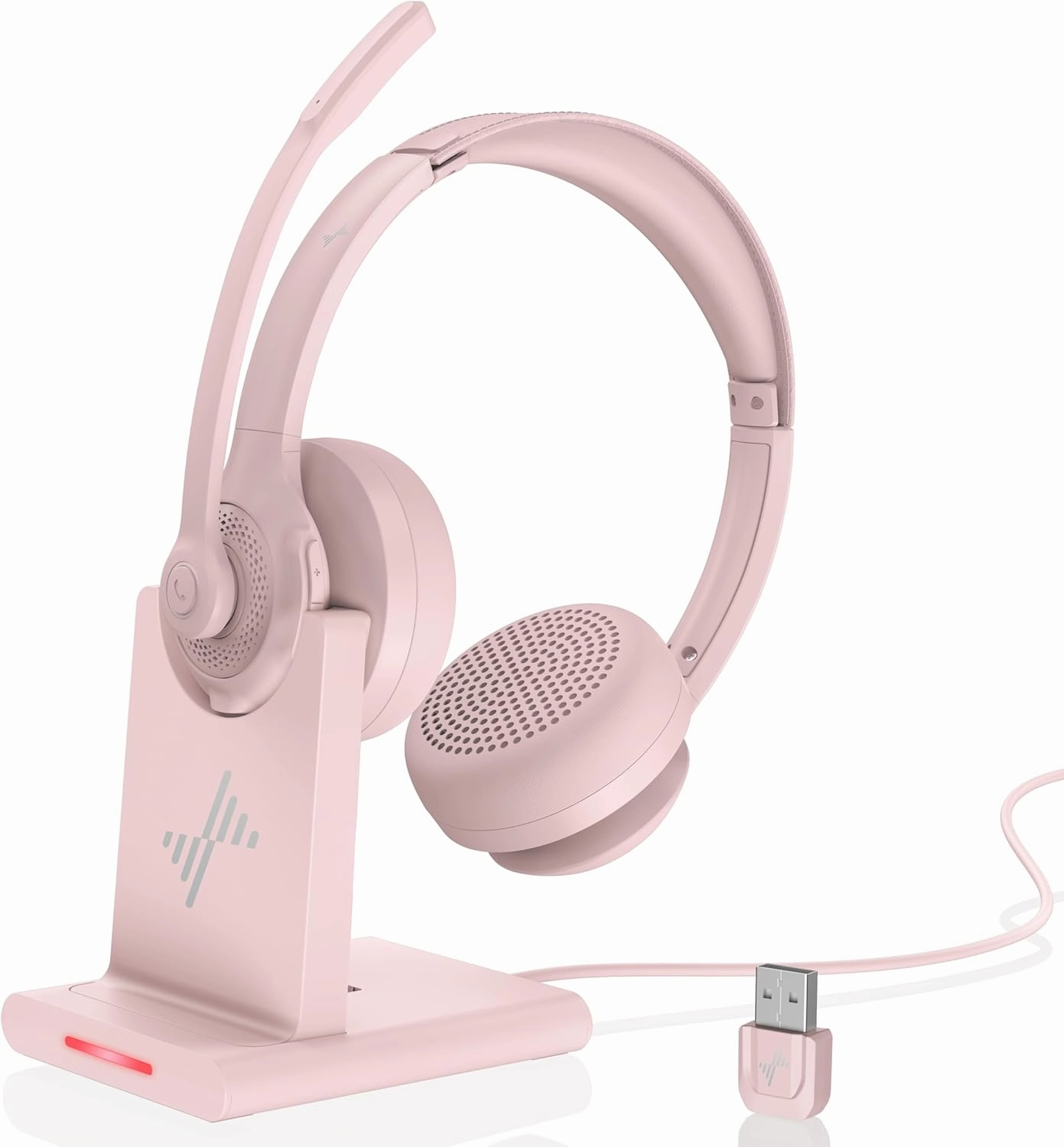 Wireless Headset with AI Noise Cancelling Microphone Bluetooth Headset - Bluetooth V5.2 Headphones with USB Dongle, Charging Base & Mic Mute for Computer/Laptop/PC/iPhone/Android/Cell Phones (Pink) noise cancelling headphones,ANC headphones,travel head