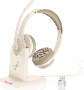 Wireless Headset with AI Noise Cancelling Microphone Bluetooth Headset - Bluetooth V5.2 Headphones with USB Dongle, Charging Base & Mic Mute for Computer/Laptop/PC/iPhone/Android/Cell Phones-White noise cancelling headphones,ANC headphones,travel headp