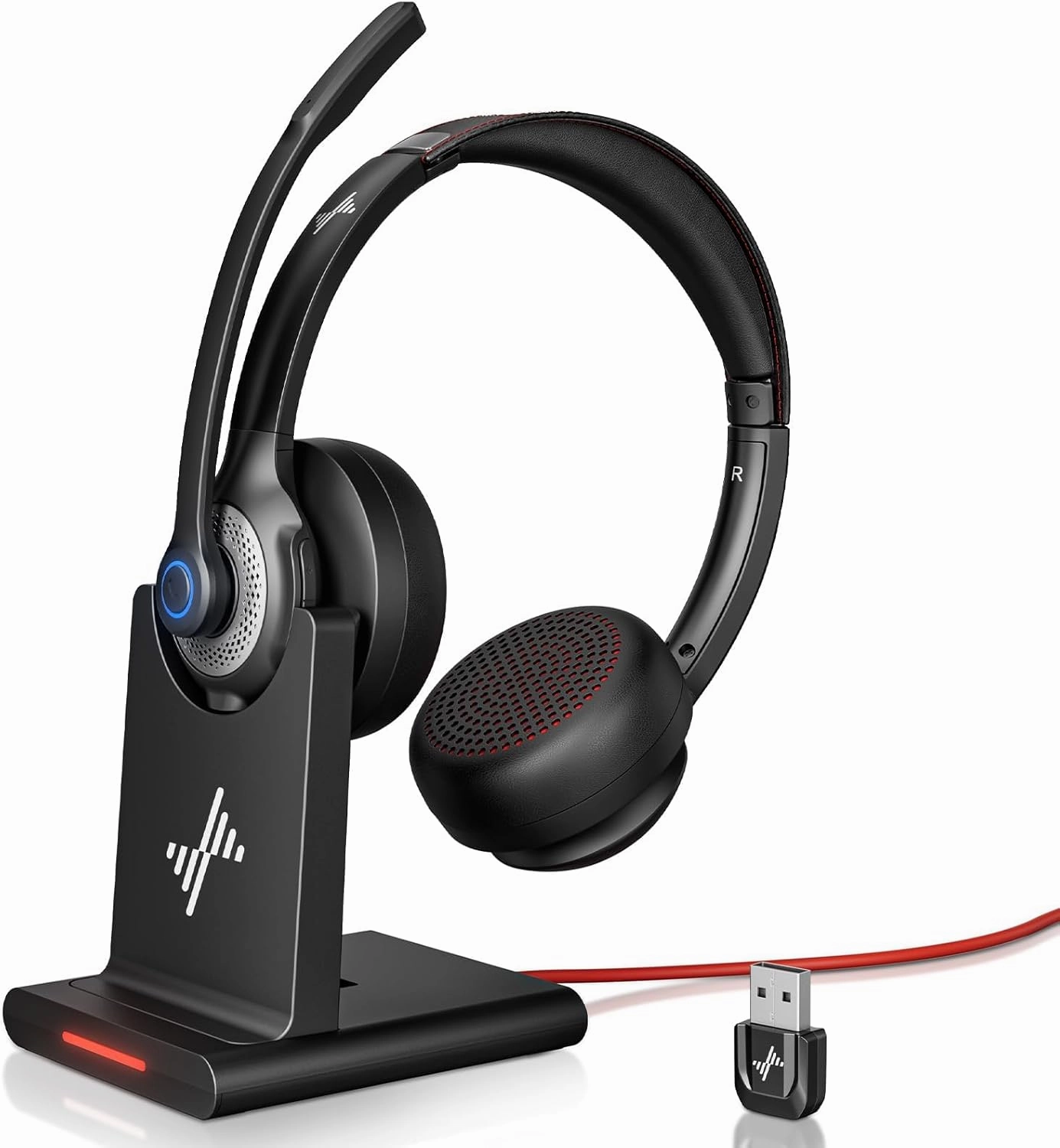 Wireless Headset with AI Noise Cancelling Microphone Bluetooth Headset - Bluetooth V5.2 Headphones with USB Dongle, Charging Base & Mic Mute for Computer/Laptop/PC/iPhone/Android/Cell Phones noise cancelling headphones,ANC headphones,travel headphones,