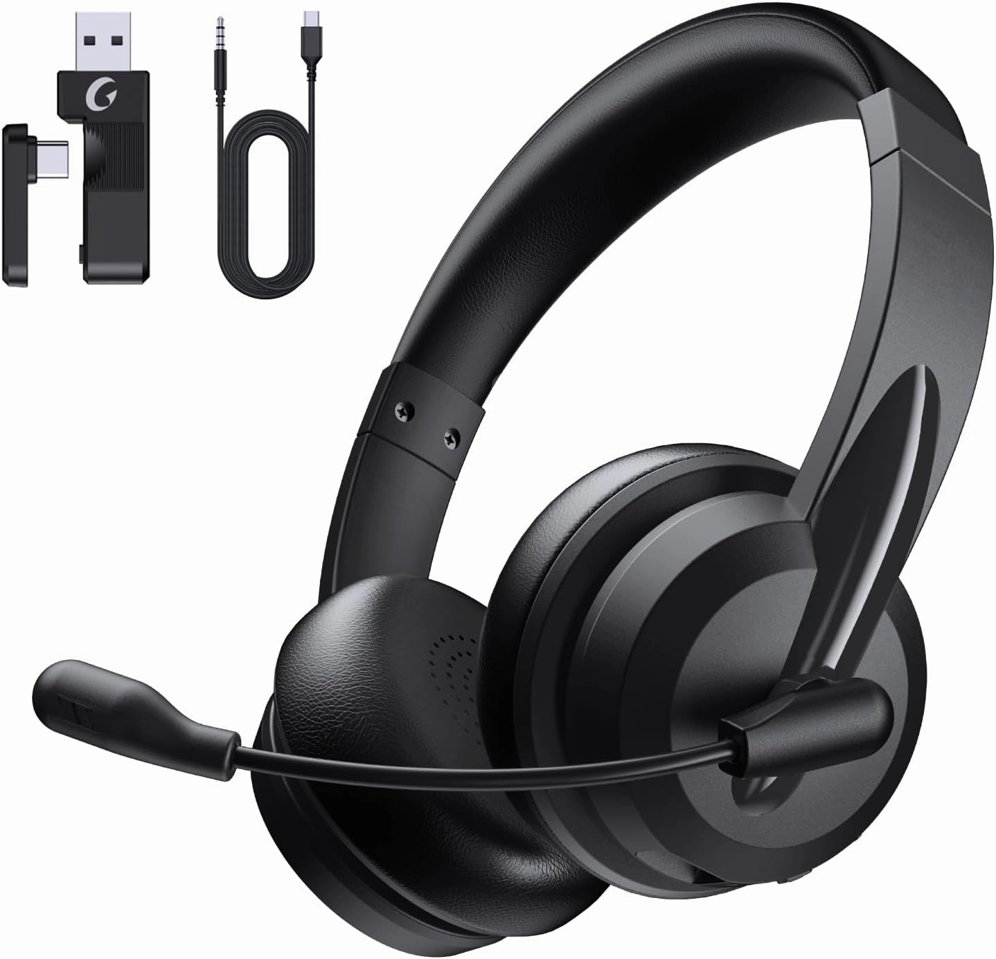 Wireless Headset with Mic for Work with AI Noise Cancelling Mic for Clear Calls, Bluetooth V5.3 Headphones with Microphone to USB A/C Dongle & Mic Mute for Computer Laptop PC iPhone (Black) noise cancelling headphones,ANC headphones,travel headphones,