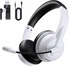Wireless Headset with Mic for Work with AI Noise Cancelling Mic for Clear Calls, Bluetooth V5.3 Headphones with Microphone to USB A/C Dongle & Mic Mute for Computer Laptop PC iPhone (Black White) noise cancelling headphones,ANC headphones,travel headph