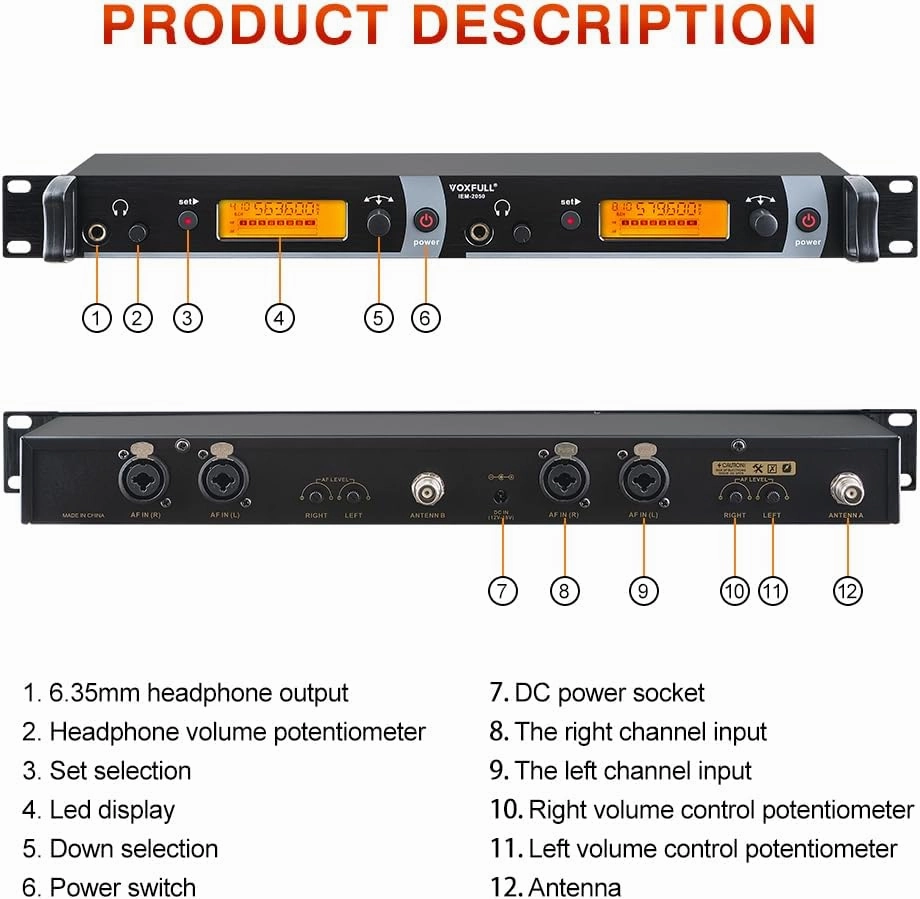 Wireless in-Ear Monitor System, Dual Channel IEM System with Metal Transmitter, Bodypack Receiver Monitor Earphones, 2*40 Adjustable Frequencies 262ft Operation for Bands, Studio (IEM2050 2Bodypacks)