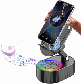 Wireless Induction Audio Bluetooth Speaker 5in1 Phone Holder Emergency Rechargeable (3000mAh) with Colorful Ambient Light 300 Foldable for Tablet iPhone Android, Gifts for Men Women (Black) wireless speakers,portable Bluetooth speaker,multiroom speaker,