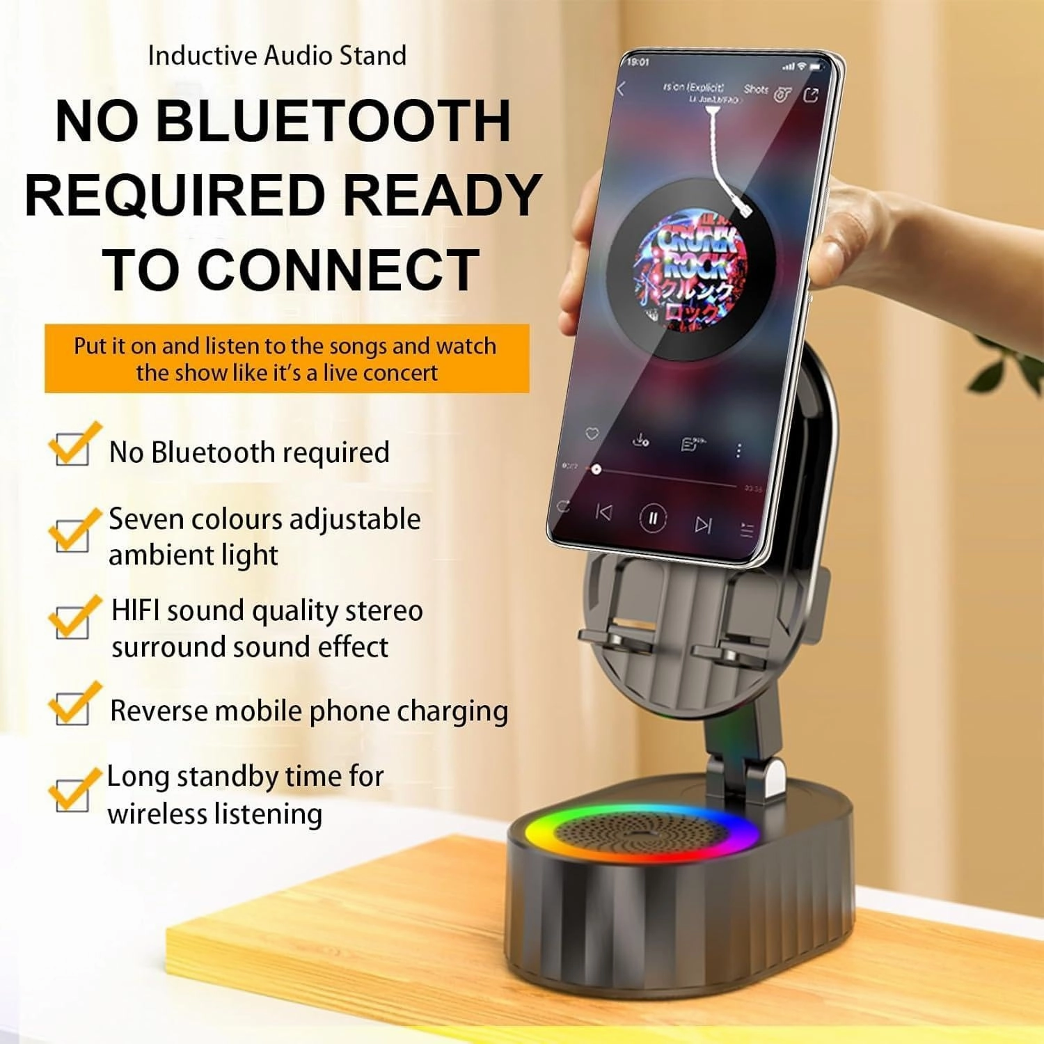 Wireless Induction Audio Bluetooth Speaker 5in1 Phone Holder Emergency Rechargeable (3000mAh) with Colorful Ambient Light 300 Foldable for Tablet iPhone Android, Gifts for Men Women (Black)