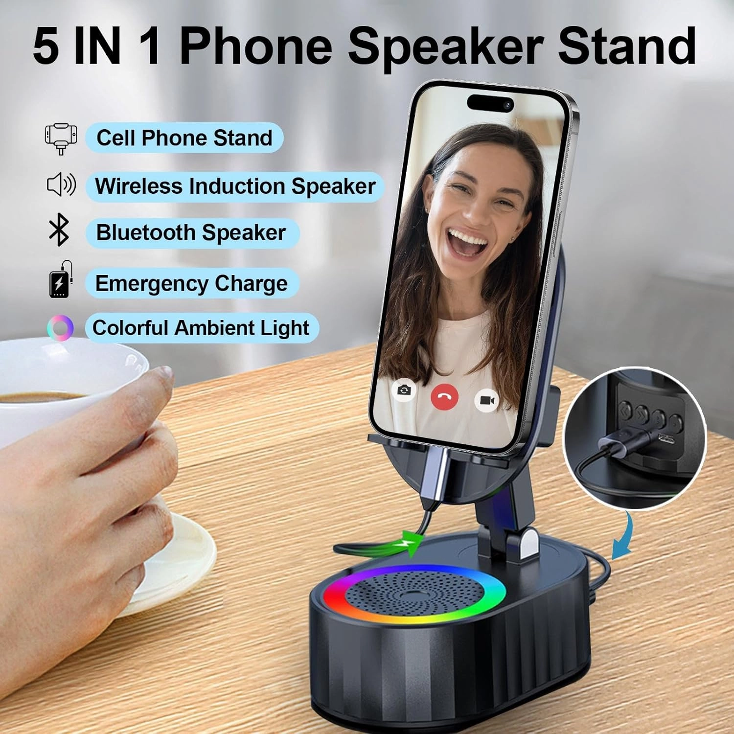 Wireless Induction Audio Bluetooth Speaker 5in1 Phone Holder Emergency Rechargeable (3000mAh) with Colorful Ambient Light 300 Foldable for Tablet iPhone Android, Gifts for Men Women (Black)