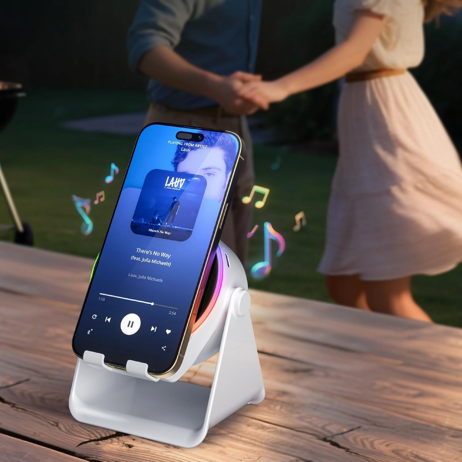 Wireless Induction Speaker, Cell Phone Stand with Bluetooth Speaker, Stereo Sound, RGB Ambient Light, Phone Holder Compatible with iPhone/iPad/Android/Samsung Galaxy-White
