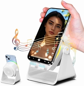 Wireless Induction Speaker, Cell Phone Stand with Bluetooth Speaker, Stereo Sound, RGB Ambient Light, Phone Holder Compatible with iPhone/iPad/Android/Samsung Galaxy-White wireless speakers,portable Bluetooth speaker,multiroom speaker,