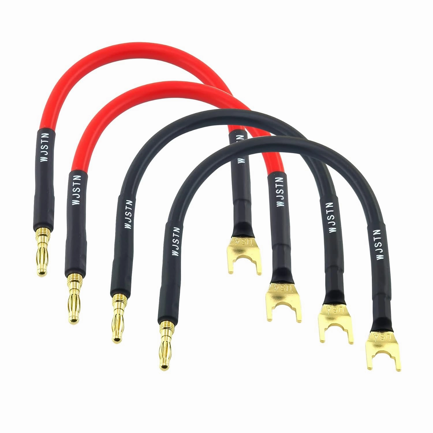 WJSTN 8 in HiFi Banana Plug to Spade Speaker Jumper, 45 Degree U Plug to Banana Plug Connection Cable-4 Pack speaker cable,audio wire,hi-fi speaker cord,