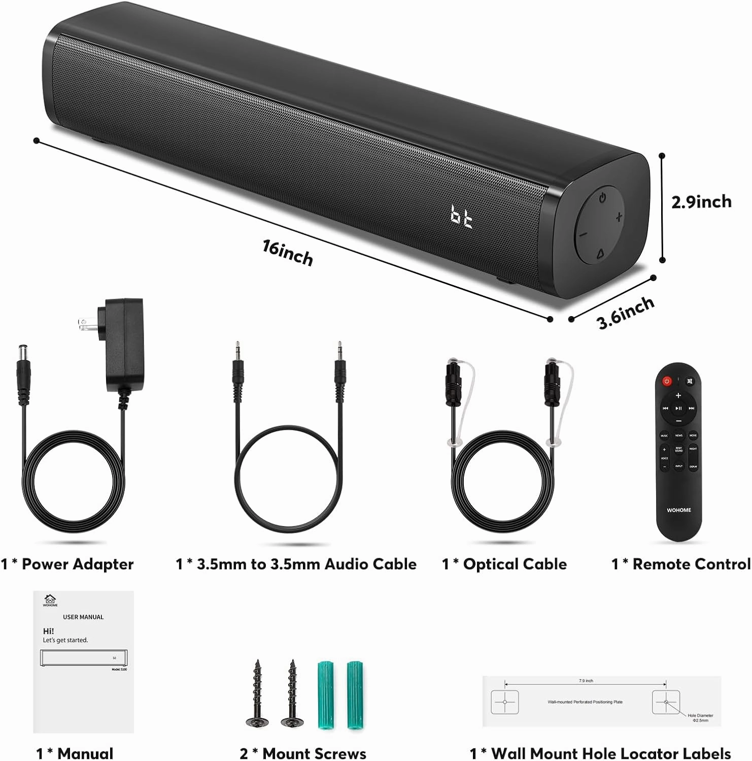 Wohome 2.1ch Small Sound Bars for TV with 6 Levels Voice Enhancement, Built-in Subwoofer, 16 Inches Bluetooth 5.3 Soundbar Speakers with Optical/AUX/USB Connection, S100