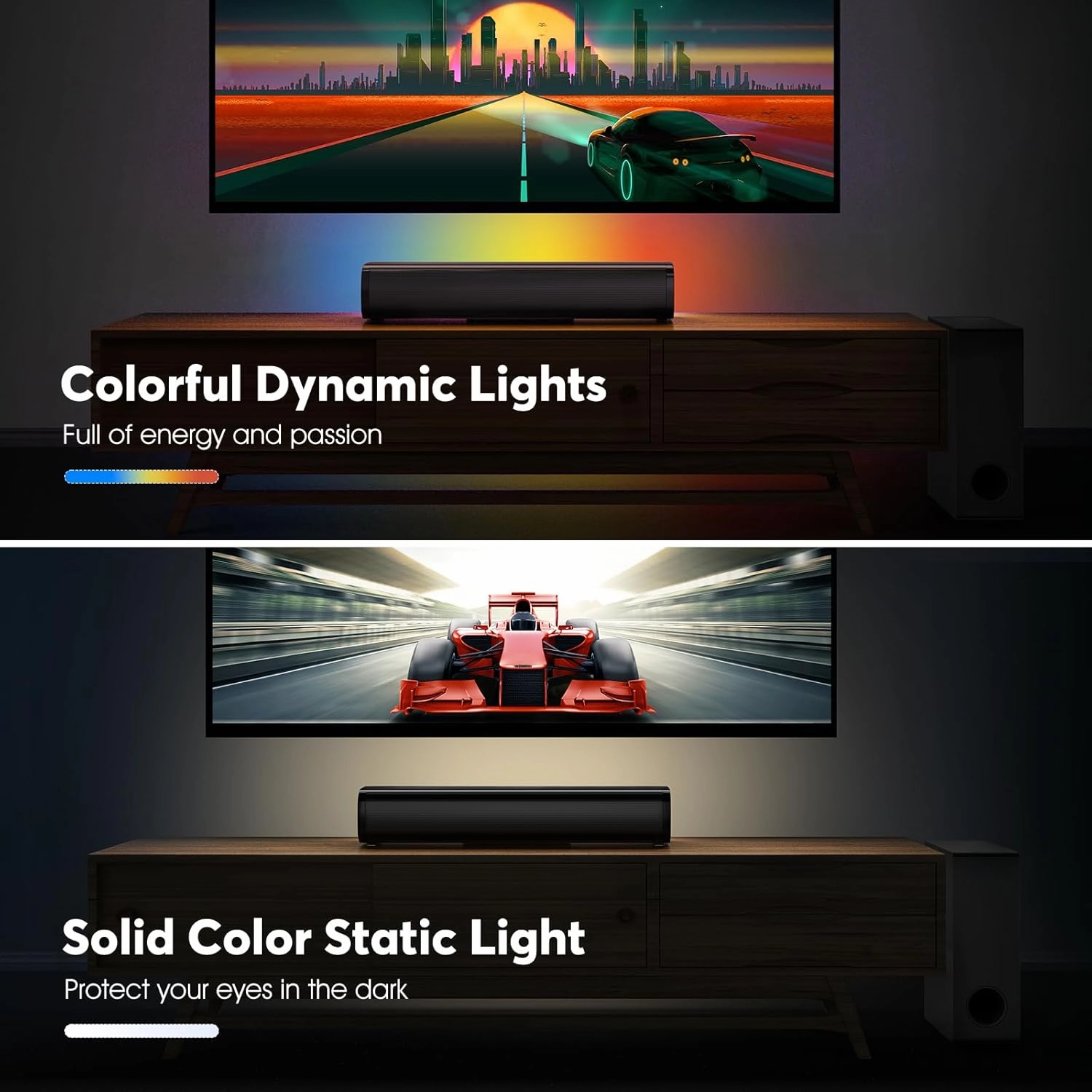 Wohome Sound Bar with 5.25-Inch Wired Subwoofer for Smart TV, 2.1 CH Small TV Soundbar Speakers with Colorful Backlight Support Bluetooth 5.3/Optical/AUX/USB Connectivity, S100 (Black with Subwoofer)