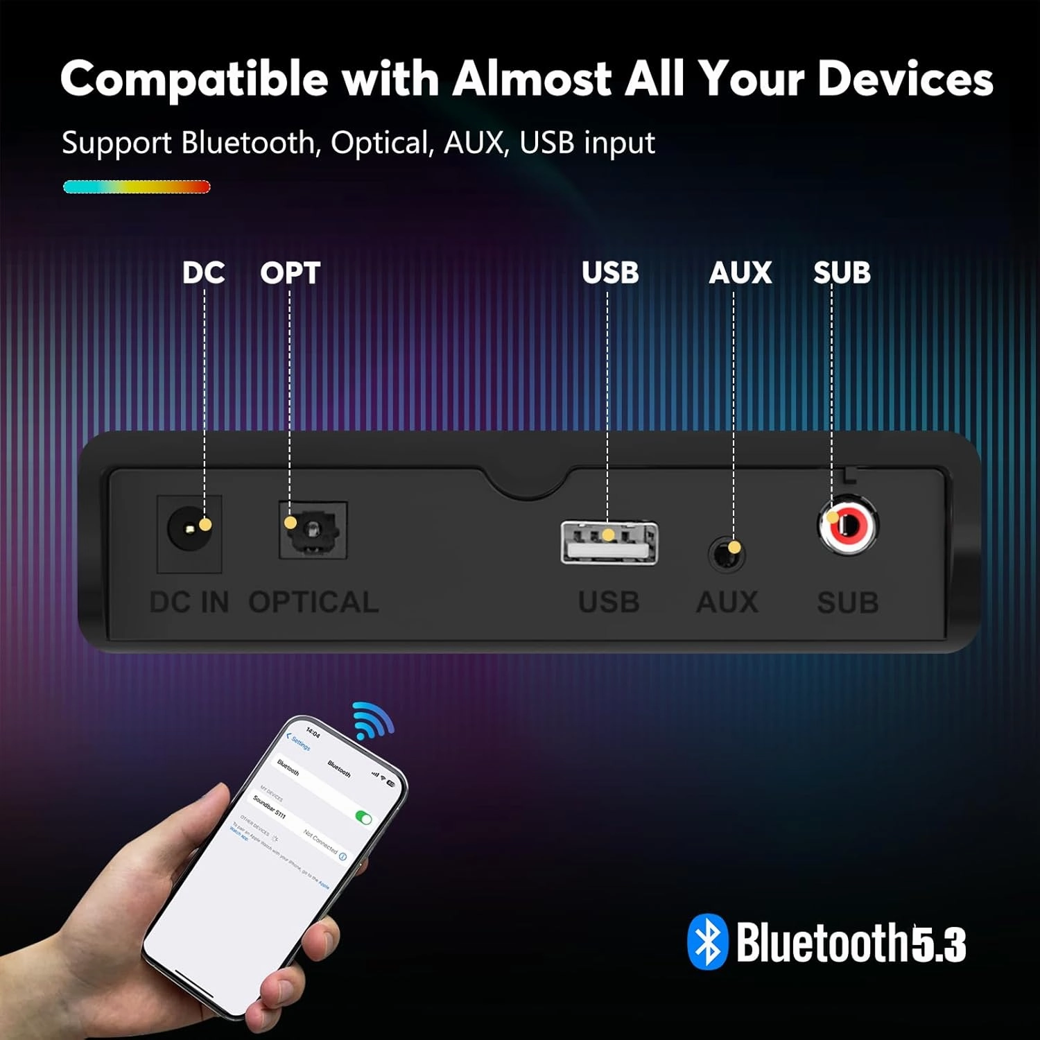 Wohome Sound Bar with 5.25-Inch Wired Subwoofer for Smart TV, 2.1 CH Small TV Soundbar Speakers with Colorful Backlight Support Bluetooth 5.3/Optical/AUX/USB Connectivity, S100 (Black with Subwoofer)