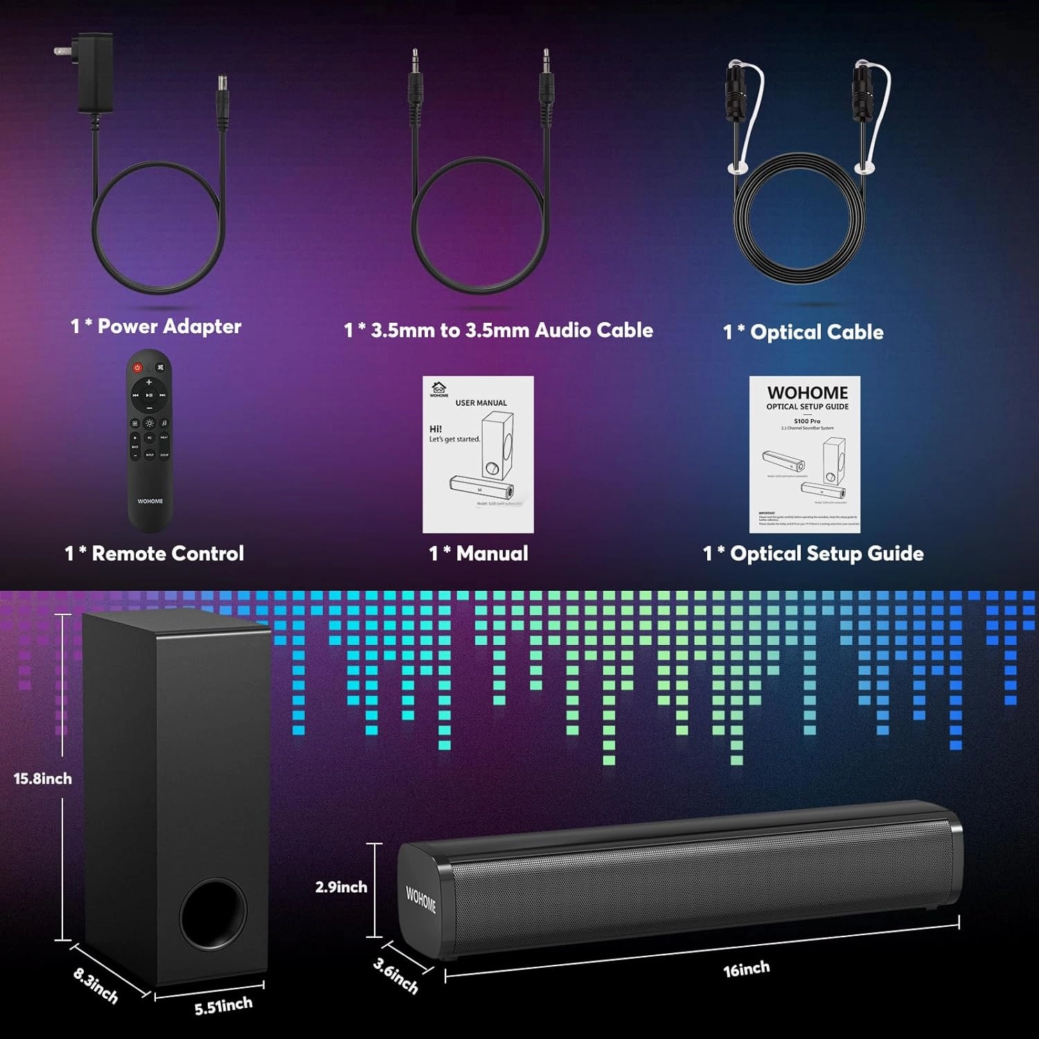 Wohome Sound Bar with 5.25-Inch Wired Subwoofer for Smart TV, 2.1 CH Small TV Soundbar Speakers with Colorful Backlight Support Bluetooth 5.3/Optical/AUX/USB Connectivity, S100 (Black with Subwoofer)