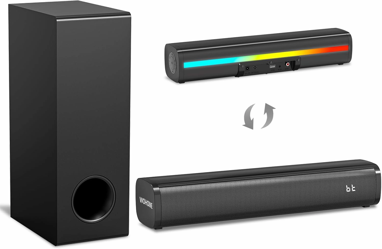 Wohome Sound Bar with 5.25-Inch Wired Subwoofer for Smart TV, 2.1 CH Small TV Soundbar Speakers with Colorful Backlight Support Bluetooth 5.3/Optical/AUX/USB Connectivity, S100 (Black with Subwoofer) surround sound system,cinema audio kit,5.1 surround pack