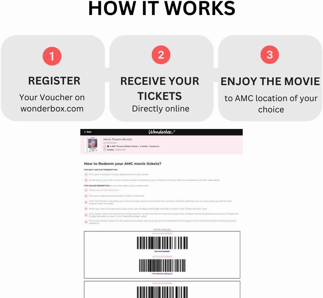 Wonderbox  AMC Movie Theatres Tickets Package for 2  2 Tickets, 2 Drinks,1 Popcorn to Share  Original Gift Idea - Experience Gift - 600 Locations in The US