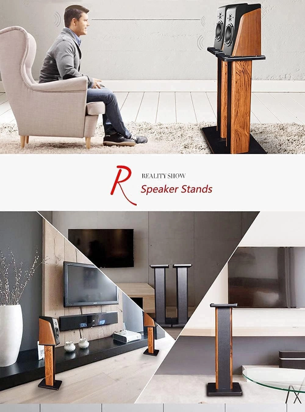 Wood Grain Speaker Stands 36 Inch Universal Floor Speaker Stand Pair Heavy Duty Hollowed Stands for Home Theater Speakers with Sand Filling Tuning Function - Pair