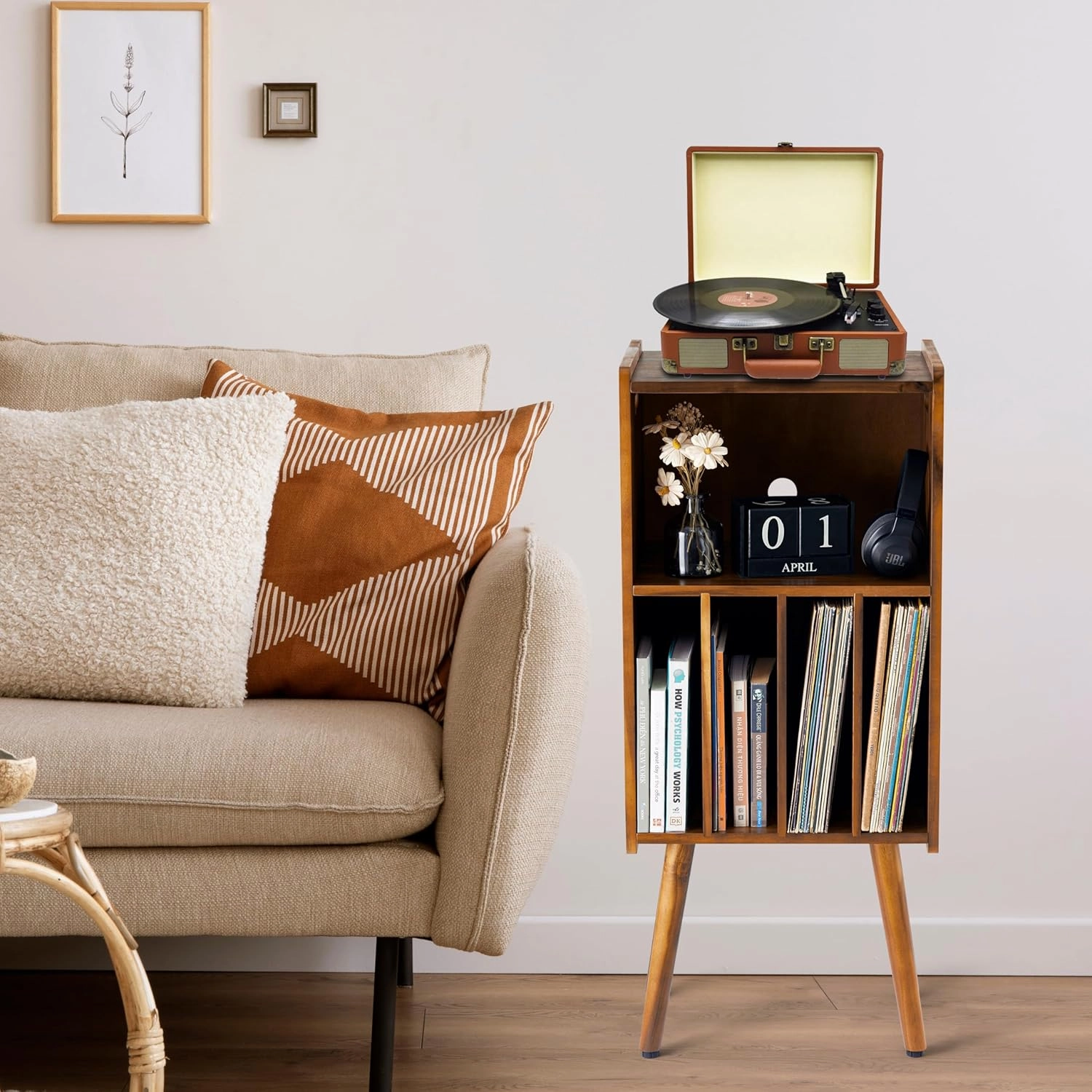 Wooden LP Record Player Stand, 3-Tier Turntable Stand Cabinet Holds up to 100 Albums, Metal Record Storage Holder and Organizer Table, Mid-Century Modern Record Player Holder for Living Room & Bedroom