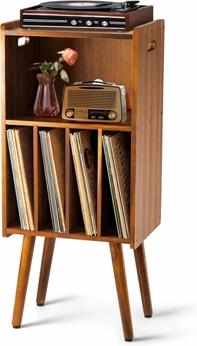 Wooden LP Record Player Stand, 3-Tier Turntable Stand Cabinet Holds up to 100 Albums, Metal Record Storage Holder and Organizer Table, Mid-Century Modern Record Player Holder for Living Room & Bedroom vinyl storage,record holder,LP organizer,