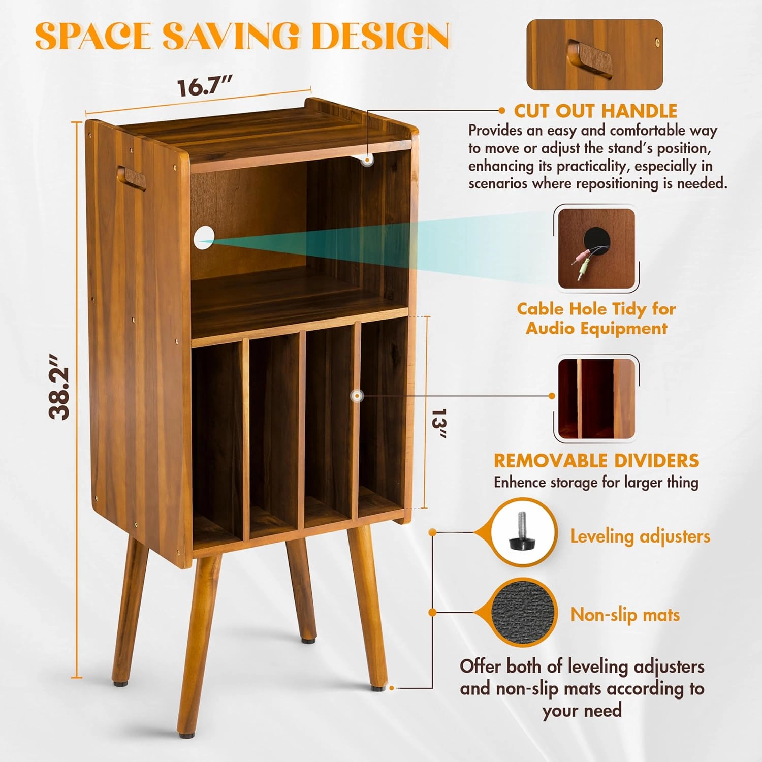 Wooden LP Record Player Stand, 3-Tier Turntable Stand Cabinet Holds up to 100 Albums, Metal Record Storage Holder and Organizer Table, Mid-Century Modern Record Player Holder for Living Room & Bedroom