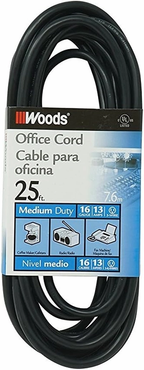 Woods Light Duty Extension Cord, 25Ft, 16 Gauge, 3 Conductor, Office Cord, SJTW, Black, 5601 power cord,hi-fi power cable,AC power lead,
