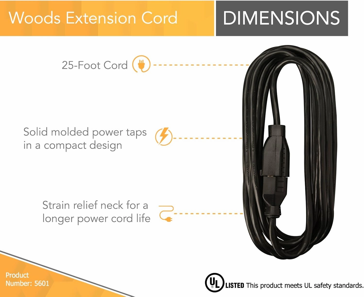 Woods Light Duty Extension Cord, 25Ft, 16 Gauge, 3 Conductor, Office Cord, SJTW, Black, 5601