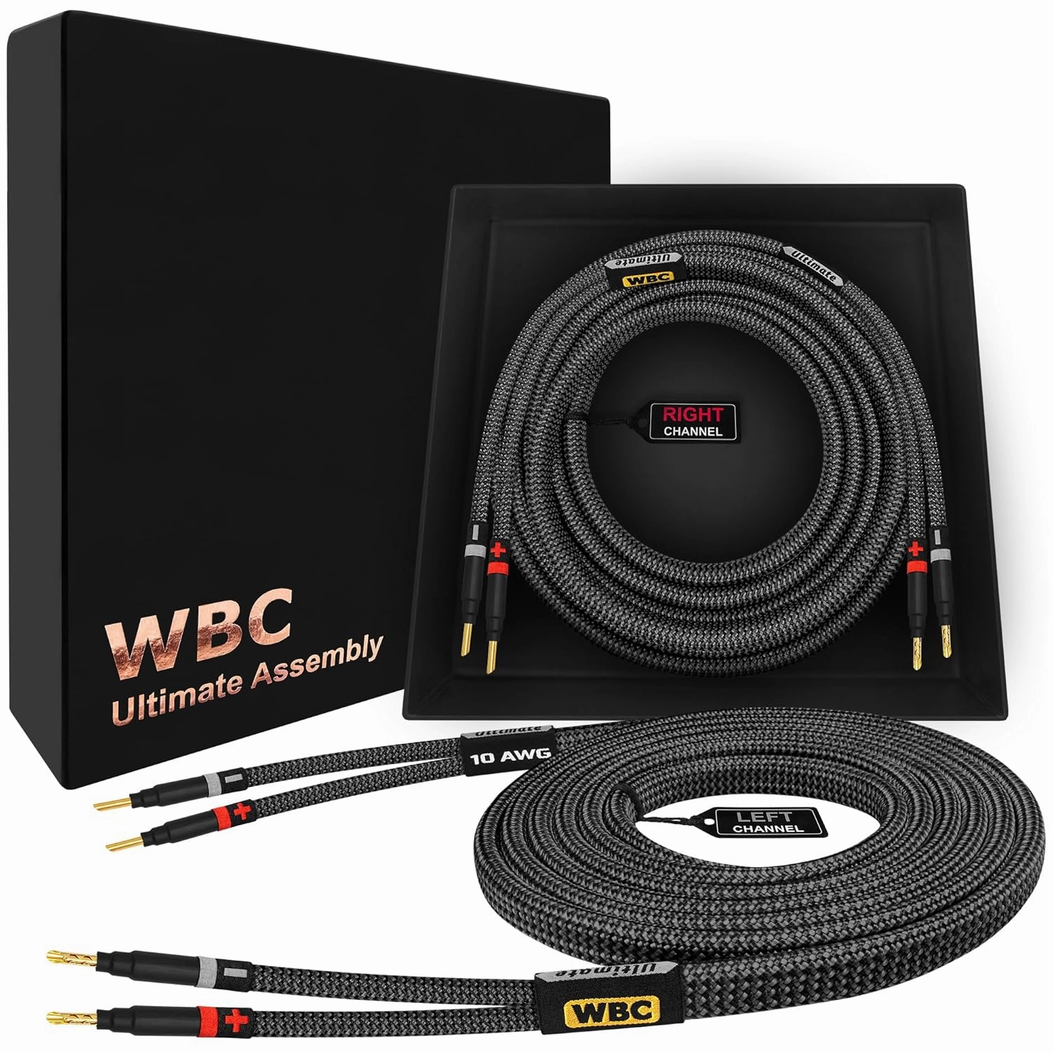 WORLDS BEST CABLES 10 Foot Ultimate - 10 AWG - Ultra-Pure OFC - Premium Audiophile HiFi Speaker Cable Pair with Eminence Gold Banana Plugs & Carbon Tweed Jacket speaker cable,audio wire,hi-fi speaker cord,