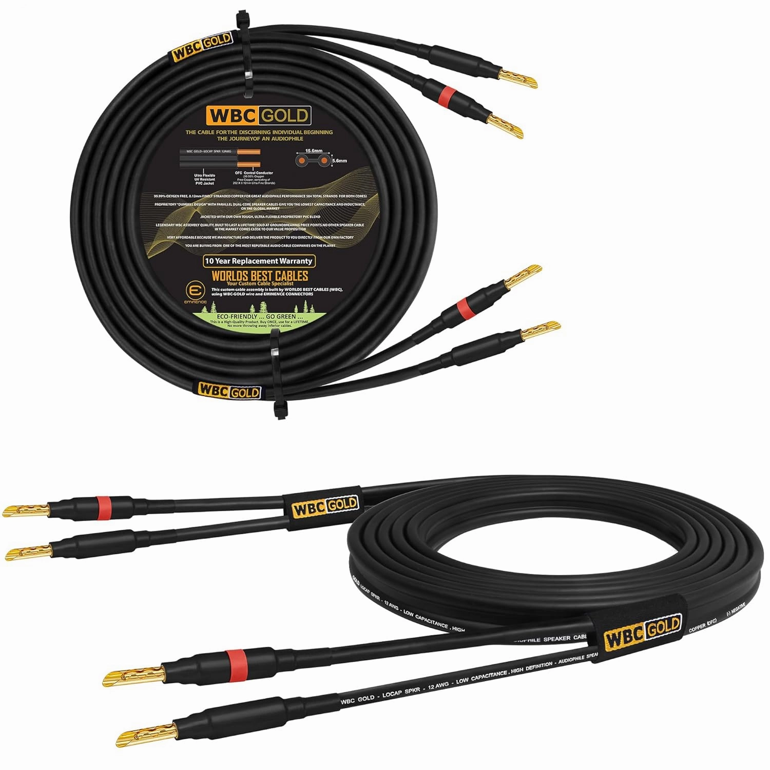 WORLDS BEST CABLES 4 Foot WBC-GOLD-LOCAP-SPKR-12 AWG - Low-Capacitance - Low-Inductance - High Purity OFC - Audiophile HiFi Speaker Cable Pair with Eminence Gold Banana Plugs speaker cable,audio wire,hi-fi speaker cord,