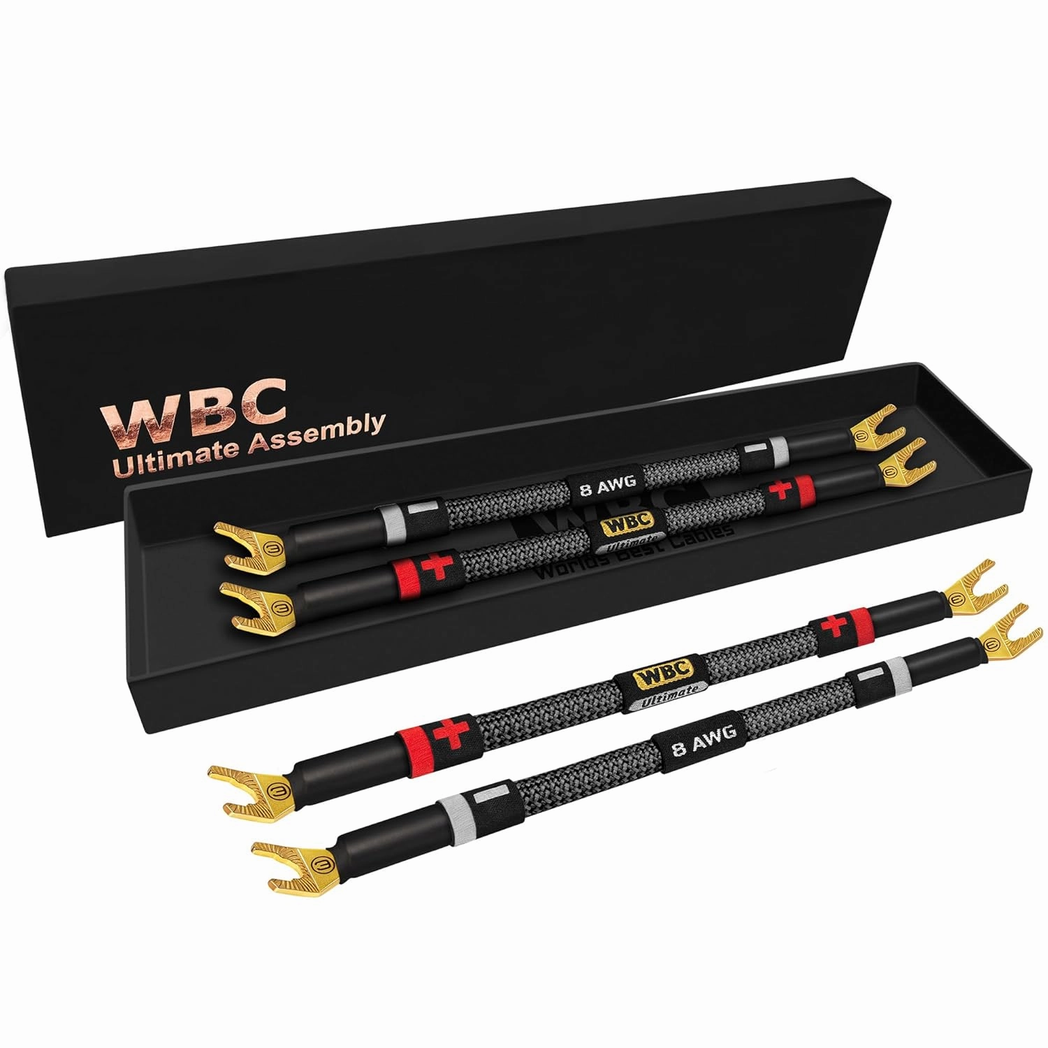 WORLDS BEST CABLES 4 Units - 6 Inch Ultimate - 8 AWG - Ultra-Pure OFC - Premium Audiophile HiFi Speaker Jumper Cables with Eminence Gold Spade Plugs & Carbon Tweed Jacket speaker cable,audio wire,hi-fi speaker cord,