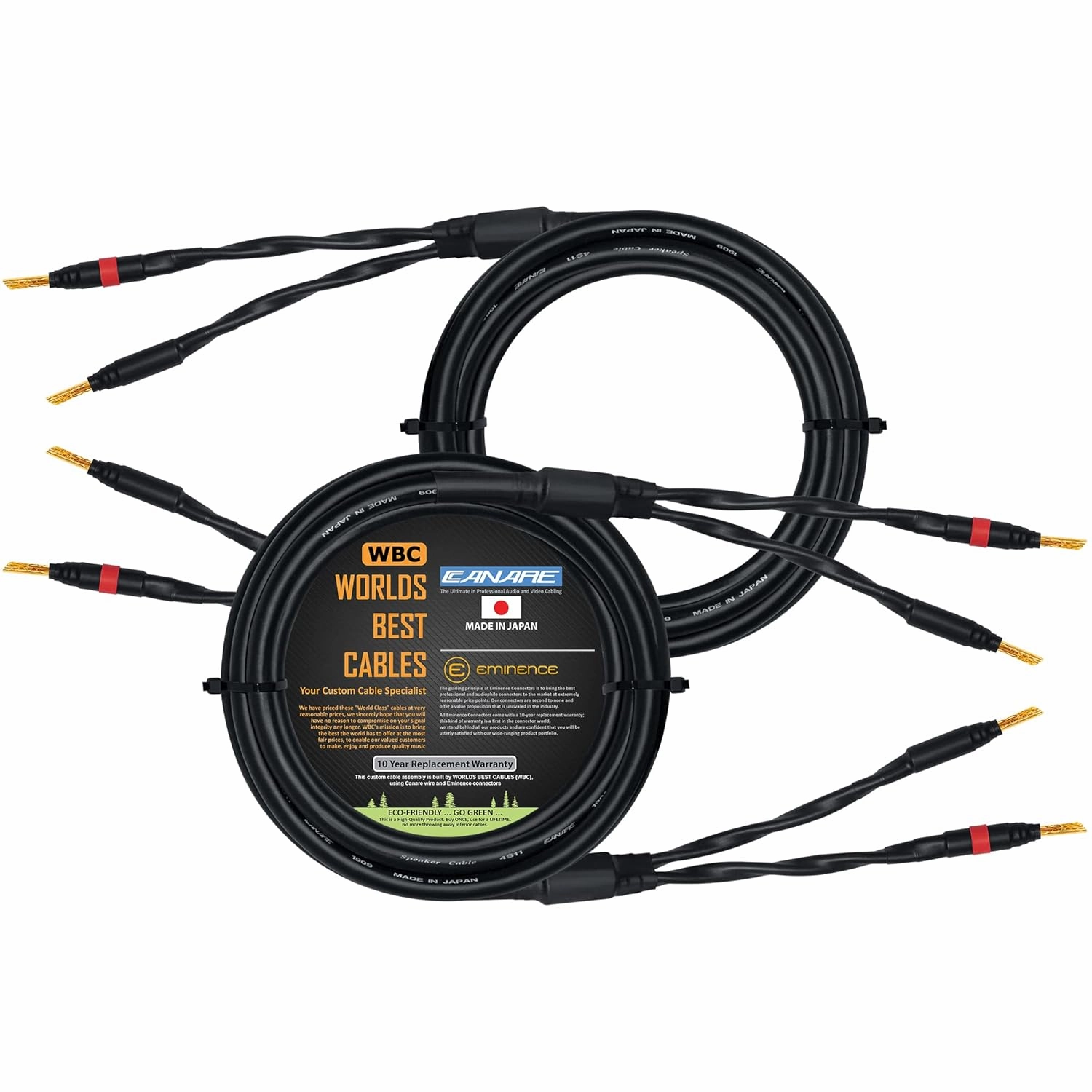 WORLDS BEST CABLES 8 Foot - Canare 4S11  Audiophile Grade - HiFi Star-Quad Speaker Cable Pair with Eminence Gold Banana Connectors speaker cable,audio wire,hi-fi speaker cord,