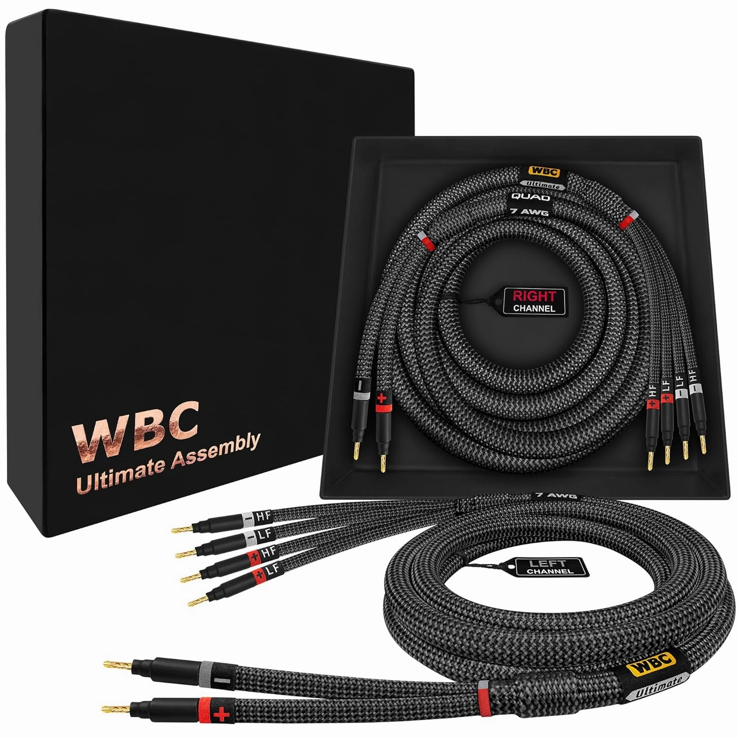 WORLDS BEST CABLES 8 Foot Ultimate - 7 AWG - Ultra-Pure OFC  Extra Premium Audiophile HiFi Bi-Wire Speaker Cable Pair with Eminence Gold Banana Plugs & Carbon Tweed Jacket speaker cable,audio wire,hi-fi speaker cord,