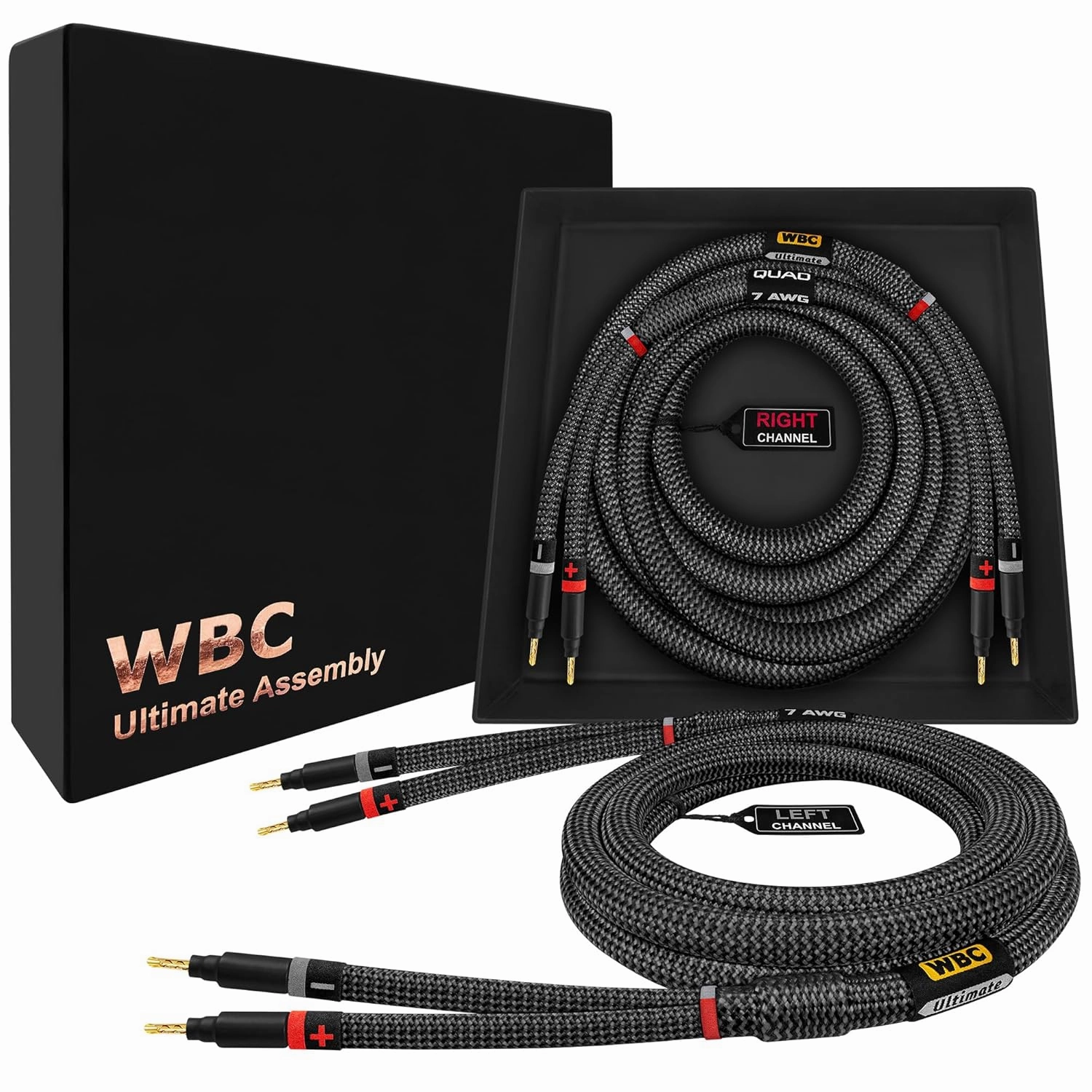 WORLDS BEST CABLES 8 Foot Ultimate - 7 AWG - Ultra-Pure OFC  Extra Premium Audiophile HiFi Speaker Cable Pair with Eminence Gold Banana Plugs & Carbon Tweed Jacket speaker cable,audio wire,hi-fi speaker cord,