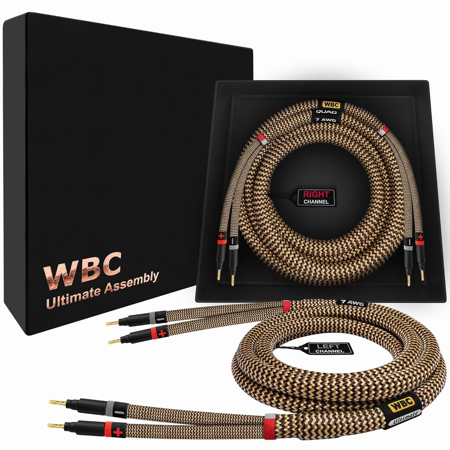 WORLDS BEST CABLES 8 Foot Ultimate - 7 AWG - Ultra-Pure OFC  Extra Premium Audiophile HiFi Speaker Cable Pair with Eminence Gold Banana Plugs & TnBrwn Tweed Jacket speaker cable,audio wire,hi-fi speaker cord,
