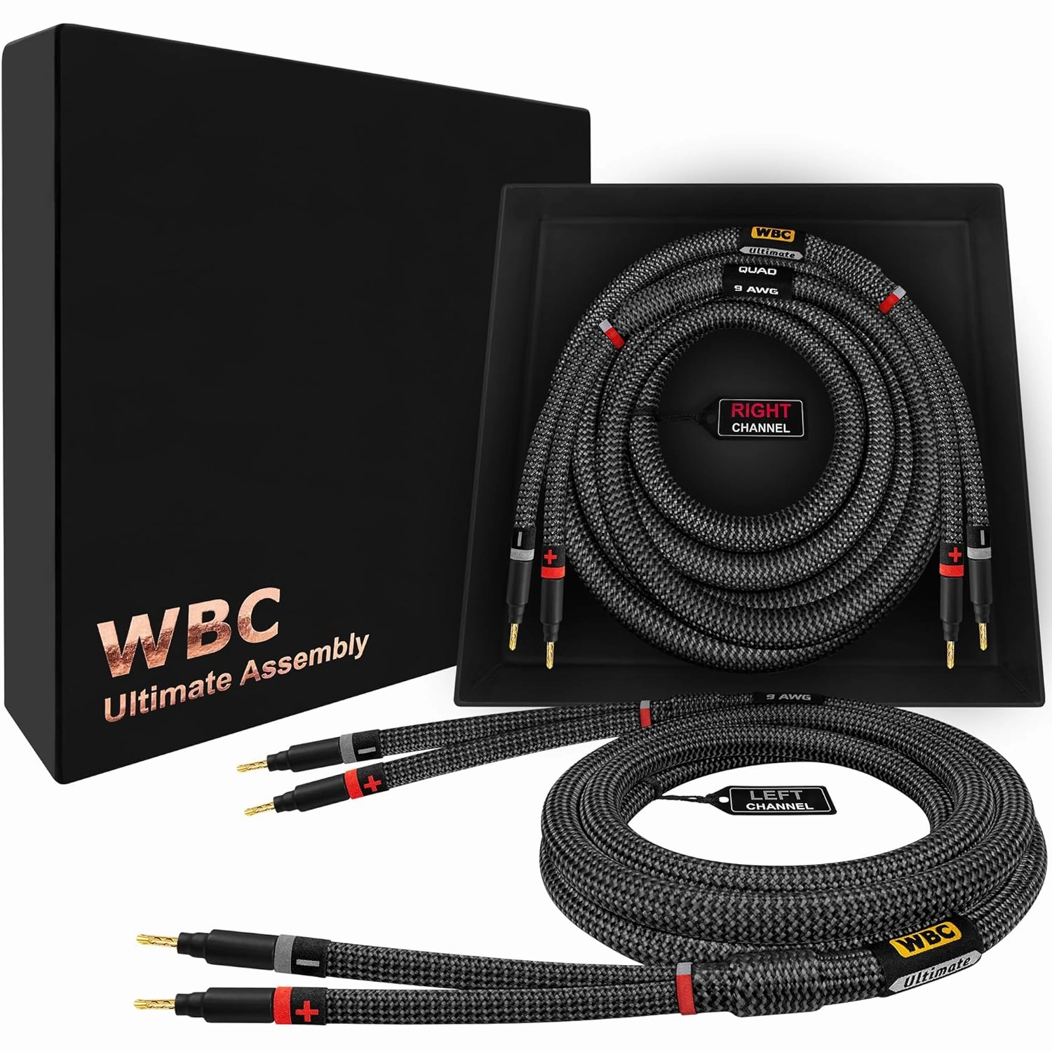 WORLDS BEST CABLES 8 Foot Ultimate - 9 AWG - Ultra-Pure OFC - Premium Audiophile HiFi Speaker Cable Pair with Eminence Gold Banana Plugs & Carbon Tweed Jacket speaker cable,audio wire,hi-fi speaker cord,