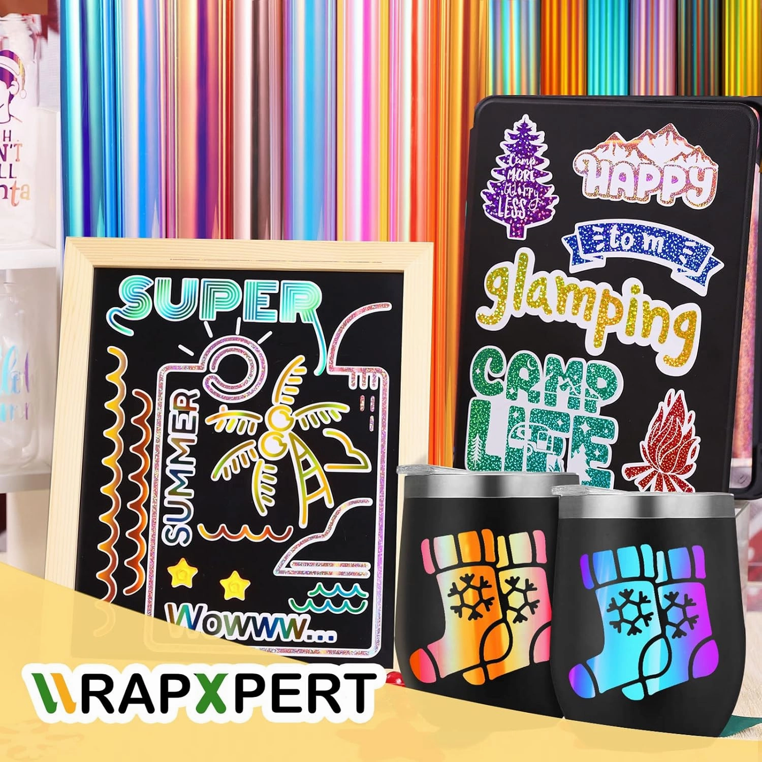 WRAPXPERT Holographic Permanent Vinyl Adhesive 35 Sheets Vinyl Bundle-24 Vinyl Sheets 12"x12" & 6 Grid Transfer Paper & 5 Vinyl Layer Ppaer Compatible with All Crafters