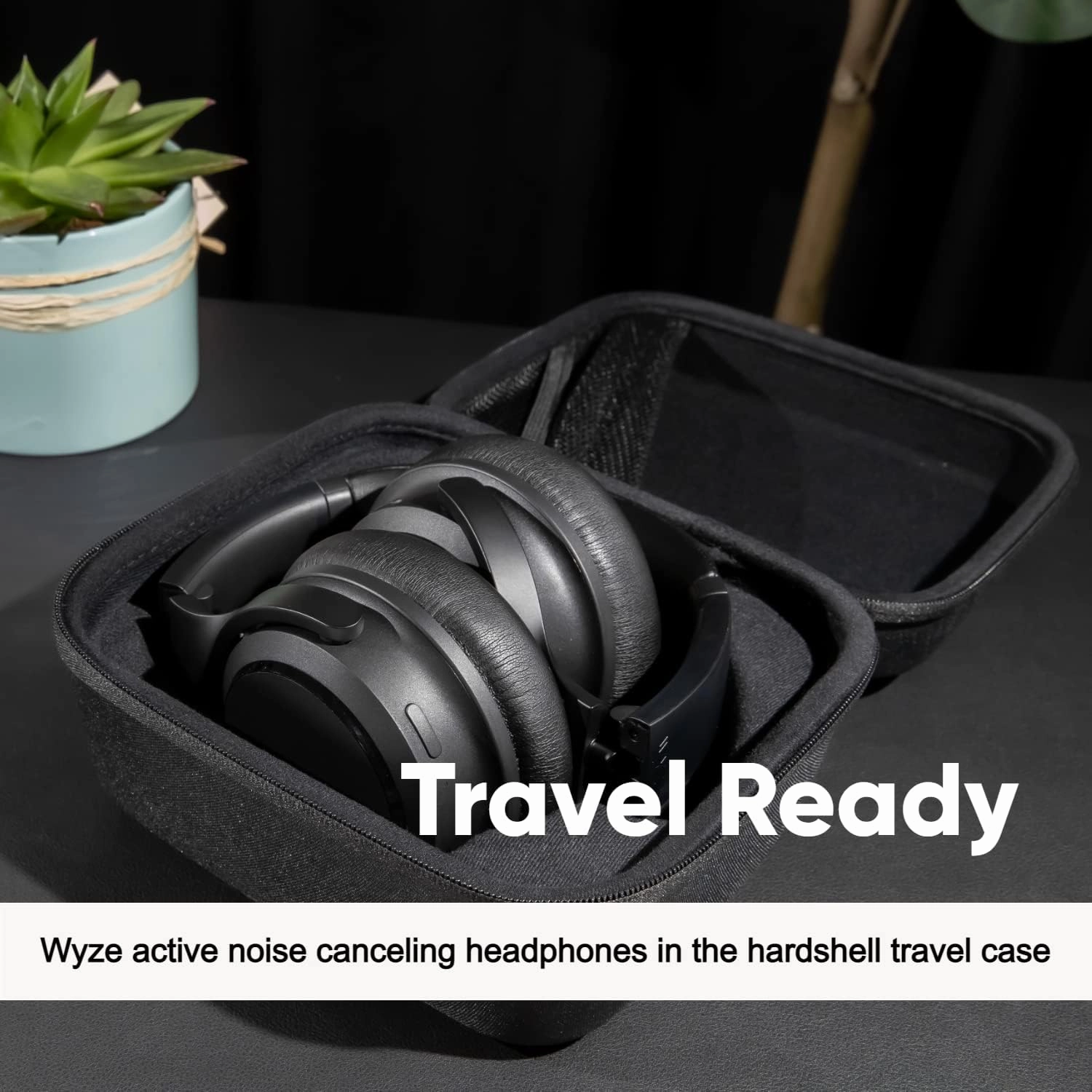 Wyze Noise Cancelling Headphones and Hard Case for Travel, Wireless Over The Ear Bluetooth Headphones with Active Noise Cancellation, Transparency Mode, Clear Voice Pick-up, Alexa Built-in