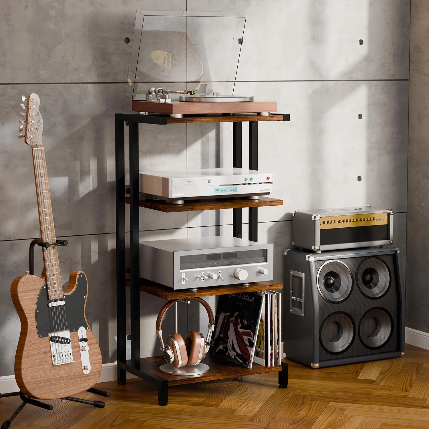 X-cosrack 4-Tier AV Media Stand Corner Shelf Wooden Corner Shelves Component Cabinet Stereo Audio Rack Stand Tower Perfect for DVD Players:Game Console:TV Box:Cable Box:Xbox:WiFi Router
