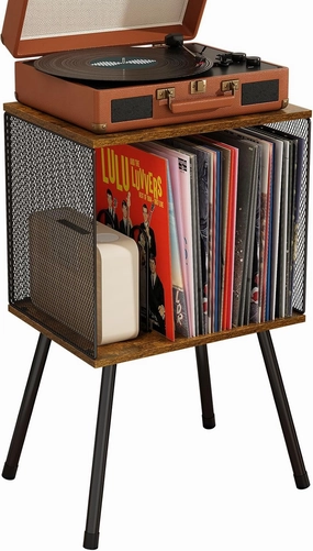 X-cosrack Record Player Stand with Storage up to 100 Albums, Retro Small Vinyl Record Holder - Adjustable Divider, Book/LP Record Storage Holder and Organizer Vinyl Table for Bedroom Living Room vinyl storage,record holder,LP organizer,