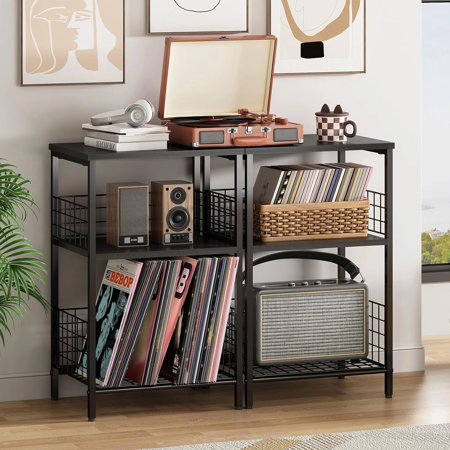 X-cosrack Side Table, Small End Table Record Player Stand with Storage, Vinyl Record Storage Night Stand for Living Room, Bedroom,Office(Patent Pending)(Black)