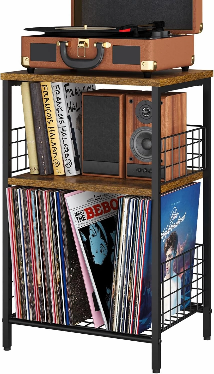 X-cosrack Side Table, Small End Table Record Player Stand with Storage, Vinyl Record Storage Night Stand for Living Room, Bedroom,Office(Patent Pending)(Rustic Brown & Black)