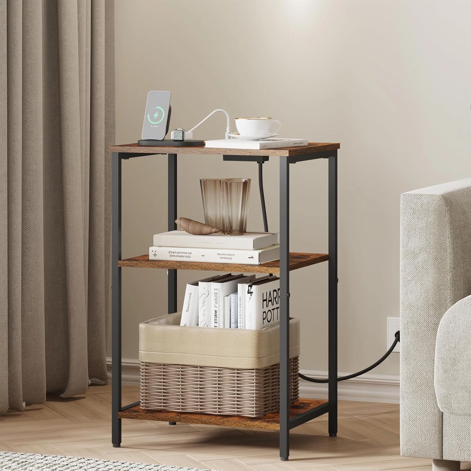 X-cosrack Side Table with Charging Station, End Table with USB Ports and Outlets, Nightstand with Storage Shelves for Small Space, Sofa Couch Table Bedside Table for Living Room Bedroom