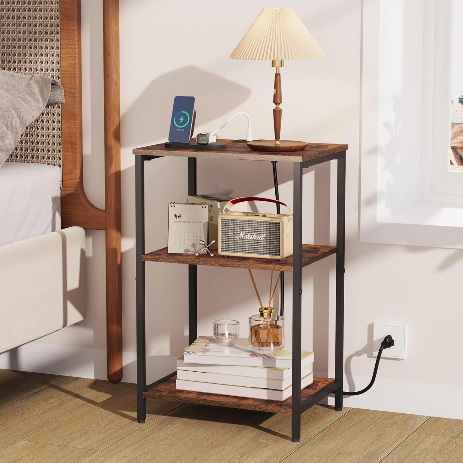 X-cosrack Side Table with Charging Station, End Table with USB Ports and Outlets, Nightstand with Storage Shelves for Small Space, Sofa Couch Table Bedside Table for Living Room Bedroom