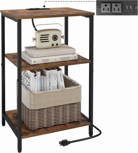 X-cosrack Side Table with Charging Station, End Table with USB Ports and Outlets, Nightstand with Storage Shelves for Small Space, Sofa Couch Table Bedside Table for Living Room Bedroom vinyl storage,record holder,LP organizer,